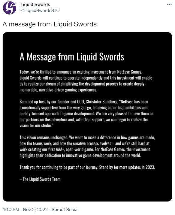 Liquid Swords工作室获网易投资开发开放世界3A游戏