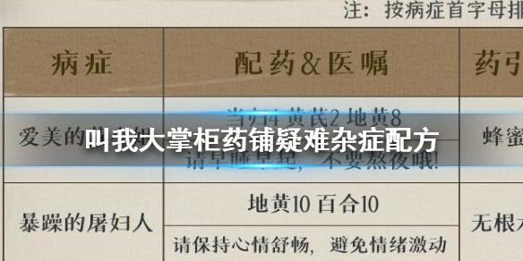 叫我大掌柜药铺疑难杂症配方 药铺疑难杂症配方攻略大全