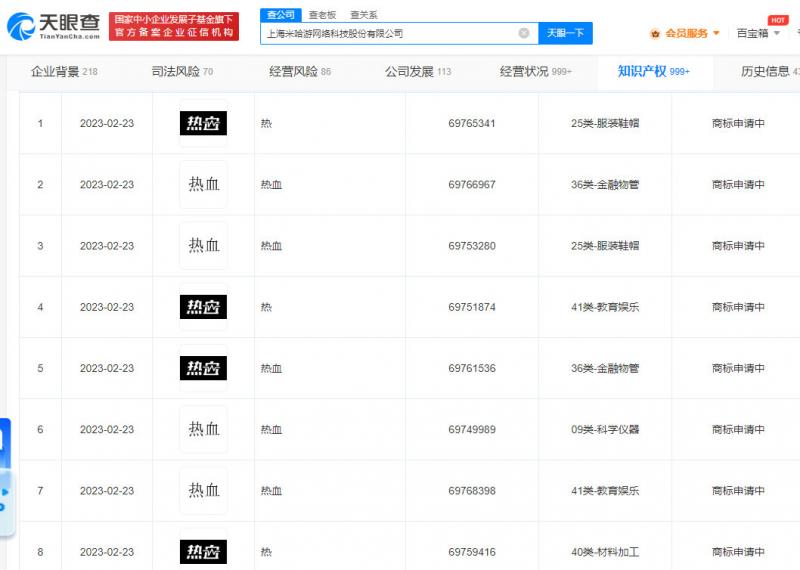 米哈游申请多个热血商标 疑似米哈游新项目