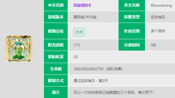 植物大战僵尸2回旋镖射手怎么样 回旋镖射手数据图鉴大全