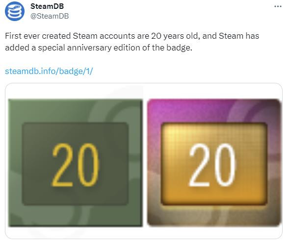 Steam上线20年 V社为原始粉添加20周年徽章