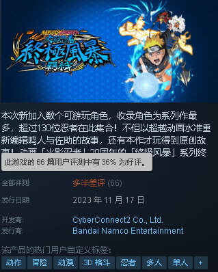 《火影终极风暴》Steam多半差评：新内容太少 不值298